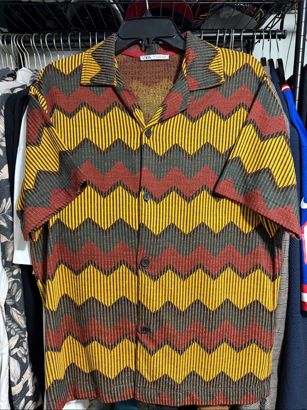 ZARA Men's Chevron Button-Down Shirt in Yellow, Rust & Olive